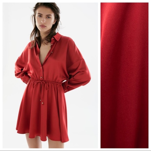 🌹NWT. Zara Dark Pink/Red Satin Shirt Mini Dress with V-neck. Size L. - Picture 4 of 10